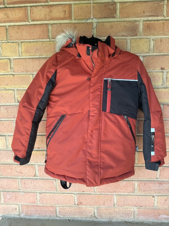 deux par deux Other - Boy’s Rust Red Hooded Winter Jacket with Yellow/Black Snow Pants
